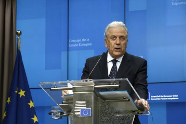 Brüksel, Belçika. 7 Mart 2019. AB Komiseri Dimitris Avramopulos, Avrupa Birliği Adalet ve İçişleri Konseyi sonuçları hakkında basın toplantısı düzenledi. 