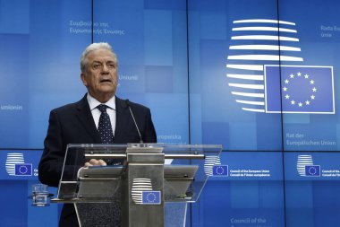 Brüksel, Belçika. 7 Mart 2019. AB Komiseri Dimitris Avramopulos, Avrupa Birliği Adalet ve İçişleri Konseyi sonuçları hakkında basın toplantısı düzenledi. 