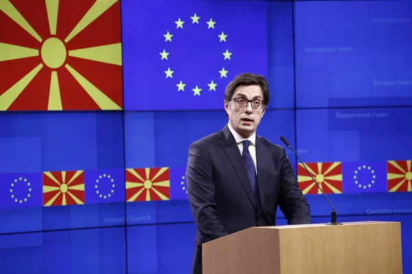 Prezydent północnej Macedonii Pendarovski odwiedza Radę UE w BRU — Zdjęcie stockowe