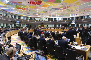 Brüksel, Belçika. 14 Mayıs 2019. Avrupa Birliği savunma bakanları Avrupa Birliği karargahında bir araya geldi. 