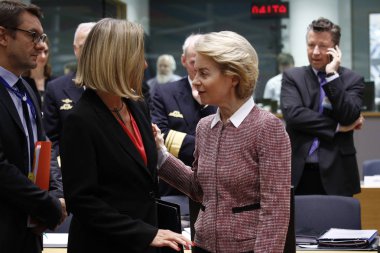 Brüksel, Belçika. 14 Mayıs 2019. Almanya Savunma Bakanı Ursula von der Leyen, Avrupa Birliği savunma bakanları toplantısına katıldı. 