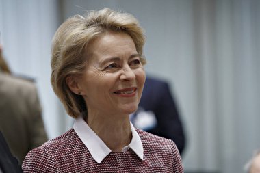 Brüksel, Belçika. 14 Mayıs 2019. Almanya Savunma Bakanı Ursula von der Leyen, Avrupa Birliği savunma bakanları toplantısına katıldı. 