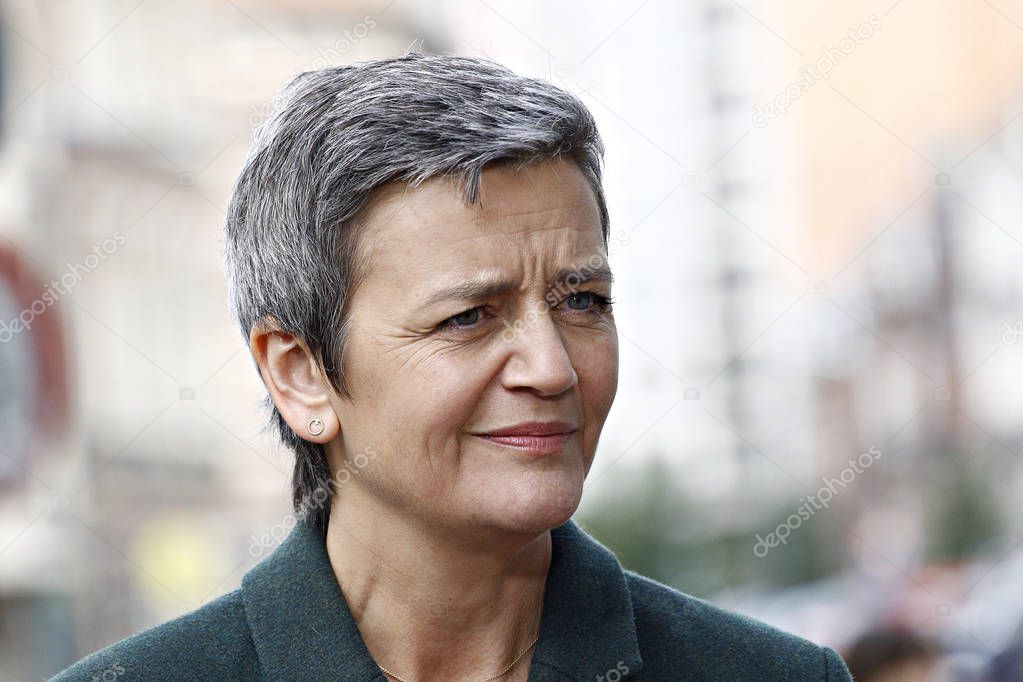 Brussels, Belgium. 20th March 2019.EU Commissioner for Competition Margrethe Vestager speaks to media on the concurrence case with Google online search advertising .