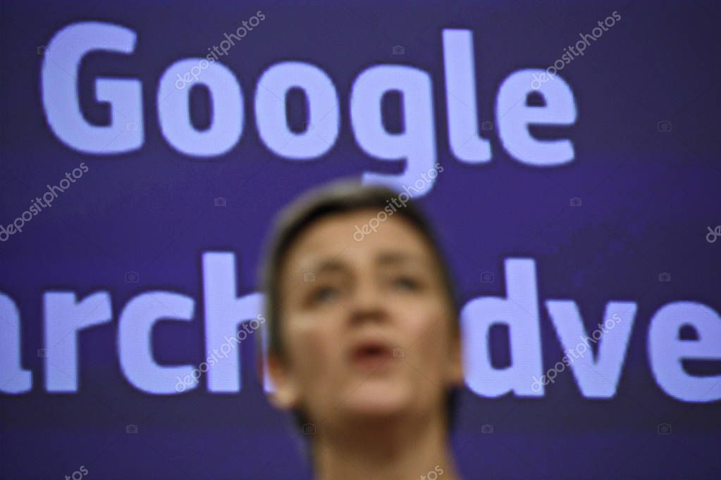 Brussels, Belgium. 20th March 2019.EU Commissioner for Competition Margrethe Vestager addresses a press conference on the concurrence case with Google online search advertising .