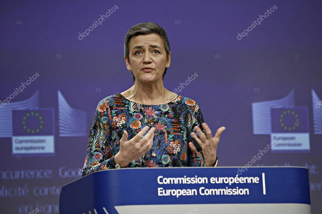 Brussels, Belgium. 20th March 2019.EU Commissioner for Competition Margrethe Vestager addresses a press conference on the concurrence case with Google online search advertising .