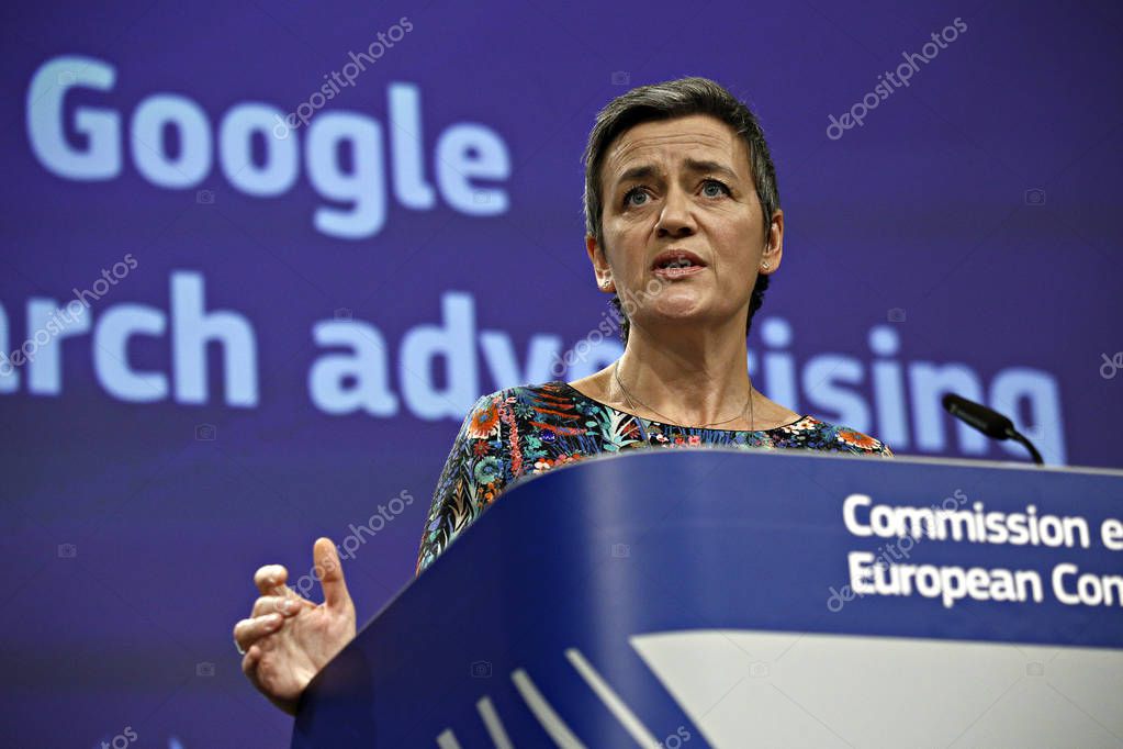 Brussels, Belgium. 20th March 2019.EU Commissioner for Competition Margrethe Vestager addresses a press conference on the concurrence case with Google online search advertising .
