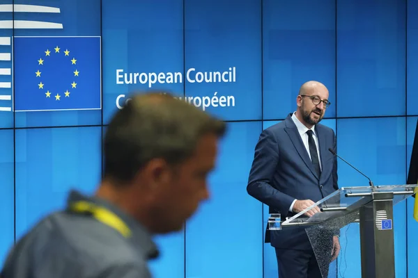 Belgiens Premiär Minister Charles Michel Gester När Han Talar Presskonferens — Stockfoto