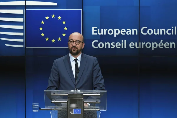 Premier Belgii Charles Michel Gesty Podczas Konferencji Prasowej Tym Jak — Zdjęcie stockowe