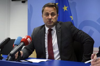 Brüksel, Belçika. 20 Haziran. 2019. Lüksemburg Başbakanı Xavier Bettel, Avrupa Birliği liderler zirvesinin ardından düzenlediği basın toplantısında konuştu.