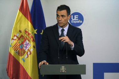 Brüksel, Belçika. 20. Temmuz 2019. İspanya Başbakanı Pedro Sanchez, Avrupa Birliği liderler zirvesinin ardından düzenlediği basın toplantısında konuştu.