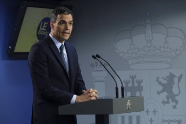 Brüksel, Belçika. 20. Temmuz 2019. İspanya Başbakanı Pedro Sanchez, Avrupa Birliği liderler zirvesinin ardından düzenlediği basın toplantısında konuştu.