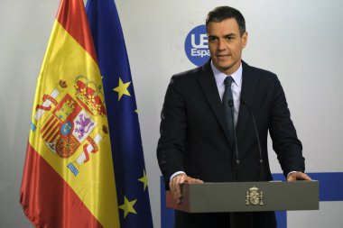 Brüksel, Belçika. 20. Temmuz 2019. İspanya Başbakanı Pedro Sanchez, Avrupa Birliği liderler zirvesinin ardından düzenlediği basın toplantısında konuştu.