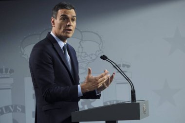 Brüksel, Belçika. 20. Temmuz 2019. İspanya Başbakanı Pedro Sanchez, Avrupa Birliği liderler zirvesinin ardından düzenlediği basın toplantısında konuştu.