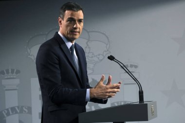 Brüksel, Belçika. 20. Temmuz 2019. İspanya Başbakanı Pedro Sanchez, Avrupa Birliği liderler zirvesinin ardından düzenlediği basın toplantısında konuştu.