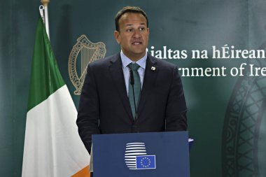 Brüksel, Belçika. 20 Haziran 2019. İrlanda Başbakanı Leo Varadkar, Avrupa Birliği zirvesi nin sonunda basın toplantısı düzenledi. 