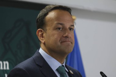 Brüksel, Belçika. 20 Haziran 2019. İrlanda Başbakanı Leo Varadkar, Avrupa Birliği zirvesi nin sonunda basın toplantısı düzenledi. 