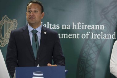 Brüksel, Belçika. 20 Haziran 2019. İrlanda Başbakanı Leo Varadkar, Avrupa Birliği zirvesi nin sonunda basın toplantısı düzenledi. 