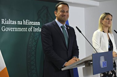 Brüksel, Belçika. 20 Haziran 2019. İrlanda Başbakanı Leo Varadkar, Avrupa Birliği zirvesi nin sonunda basın toplantısı düzenledi. 