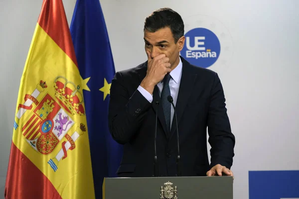 Bruselas Bélgica Julio 2019 Primer Ministro Español Pedro Sánchez Habla —  Fotos de Stock