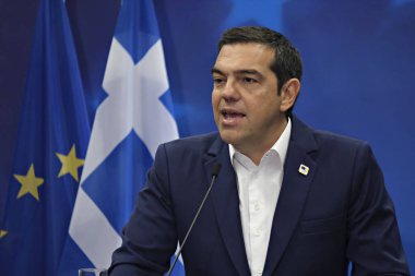 Brüksel, Belçika. 21. Haz. 2019. Yunanistan Başbakanı Aleksis Çipras, Ab zirvesi nin sonunda basın toplantısı düzenledi. 