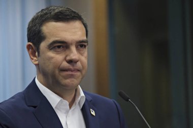 Brüksel, Belçika. 21. Haz. 2019. Yunanistan Başbakanı Aleksis Çipras, Ab zirvesi nin sonunda basın toplantısı düzenledi. 