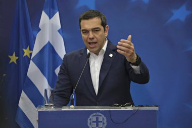 Brüksel, Belçika. 21. Haz. 2019. Yunanistan Başbakanı Aleksis Çipras, Ab zirvesi nin sonunda basın toplantısı düzenledi. 