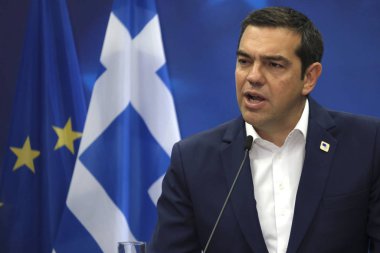Brüksel, Belçika. 21. Haz. 2019. Yunanistan Başbakanı Aleksis Çipras, Ab zirvesi nin sonunda basın toplantısı düzenledi. 