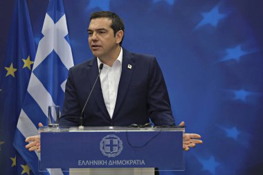 Brüksel, Belçika. 21. Haz. 2019. Yunanistan Başbakanı Aleksis Çipras, Ab zirvesi nin sonunda basın toplantısı düzenledi. 