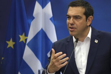 Brüksel, Belçika. 21. Haz. 2019. Yunanistan Başbakanı Aleksis Çipras, Ab zirvesi nin sonunda basın toplantısı düzenledi. 