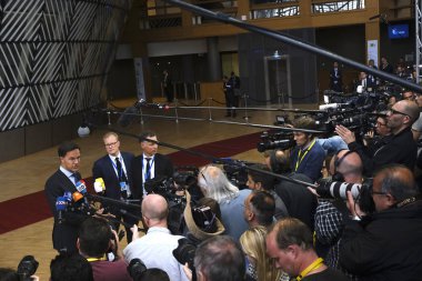Brüksel, Belçika. 28 Mayıs 2019. Hollanda Başbakanı Mark Rutte, Avrupa Birliği (Ab) zirvesi için Avrupa Birliği Genel Merkezi'ne geldi.