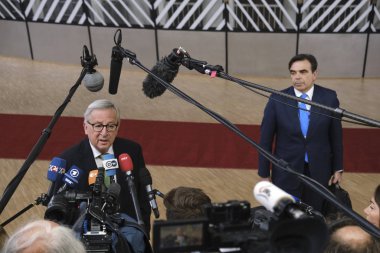 Brüksel, Belçika. 28 Mayıs 2019. Avrupa Komisyonu Başkanı Jean-Claude Juncker, Avrupa Birliği (Ab) zirvesi için Avrupa Birliği Genel Merkezi'ne geldi.
