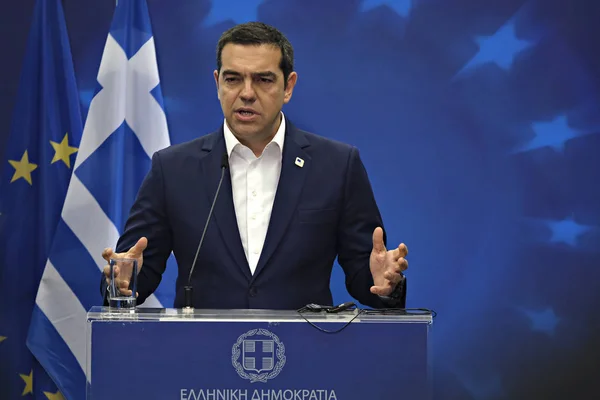 Bruksela Belgia Czerwca 2019 Grecki Premier Alexis Tsipras Udziela Konferencji — Zdjęcie stockowe