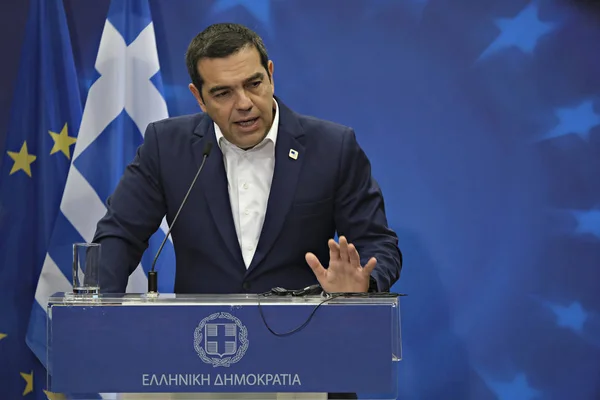 Bruksela Belgia Czerwca 2019 Grecki Premier Alexis Tsipras Udziela Konferencji — Zdjęcie stockowe
