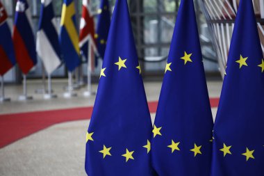 Brüksel, Belçika. 28 Mayıs 2019. Avrupa Birliği Zirvesi'nde AB Konseyi binasında AB bayrakları.