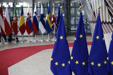 Brüksel, Belçika. 28 Mayıs 2019. Avrupa Birliği Zirvesi'nde AB Konseyi binasında AB bayrakları.