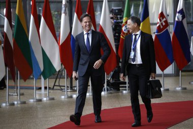 Brüksel, Belçika. 28 Mayıs 2019. Hollanda Başbakanı Mark Rutte, Avrupa Birliği (Ab) zirvesi için Avrupa Birliği Genel Merkezi'ne geldi.