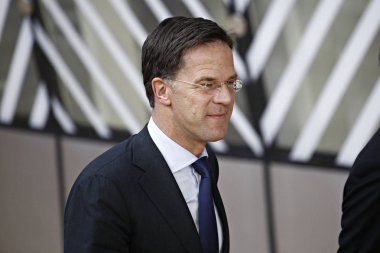 Brüksel, Belçika. 28 Mayıs 2019. Hollanda Başbakanı Mark Rutte, Avrupa Birliği (Ab) zirvesi için Avrupa Birliği Genel Merkezi'ne geldi.