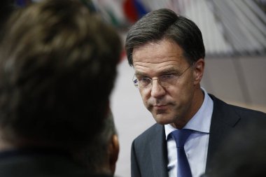 Brüksel, Belçika. 28 Mayıs 2019. Hollanda Başbakanı Mark Rutte, Avrupa Birliği (Ab) zirvesi için Avrupa Birliği Genel Merkezi'ne geldi.