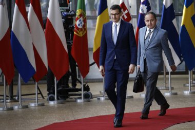Brüksel, Belçika. 28 Mayıs 2019. Polonya Başbakanı Mateusz Morawiecki Avrupa Birliği (Ab) zirvesi için Avrupa Birliği Genel Merkezi'ne geldi.