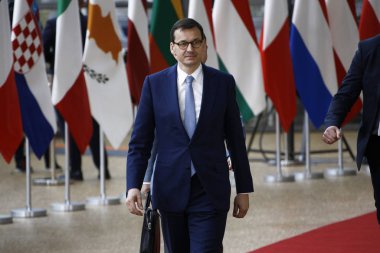 Brüksel, Belçika. 28 Mayıs 2019. Polonya Başbakanı Mateusz Morawiecki Avrupa Birliği (Ab) zirvesi için Avrupa Birliği Genel Merkezi'ne geldi.