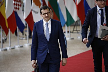 Brüksel, Belçika. 28 Mayıs 2019. Polonya Başbakanı Mateusz Morawiecki Avrupa Birliği (Ab) zirvesi için Avrupa Birliği Genel Merkezi'ne geldi.