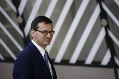 Brüksel, Belçika. 28 Mayıs 2019. Polonya Başbakanı Mateusz Morawiecki Avrupa Birliği (Ab) zirvesi için Avrupa Birliği Genel Merkezi'ne geldi.