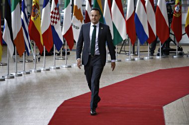 Brüksel, Belçika. 28 Mayıs 2019.İrlanda Başbakanı Leo Varadkar Avrupa Birliği (Ab) zirvesi için Avrupa Birliği Genel Merkezi'ne geldi.