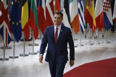 Brüksel, Belçika. 28 Mayıs 2019. İspanya Başbakanı Pedro Sanchez, Avrupa Birliği (Ab) zirvesi için Avrupa Birliği Genel Merkezi'ne geldi.