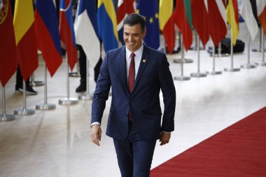 Brüksel, Belçika. 28 Mayıs 2019. İspanya Başbakanı Pedro Sanchez, Avrupa Birliği (Ab) zirvesi için Avrupa Birliği Genel Merkezi'ne geldi.