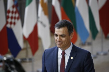 Brüksel, Belçika. 28 Mayıs 2019. İspanya Başbakanı Pedro Sanchez, Avrupa Birliği (Ab) zirvesi için Avrupa Birliği Genel Merkezi'ne geldi.