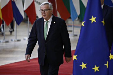 Brüksel, Belçika. 28 Mayıs 2019. Avrupa Komisyonu Başkanı Jean-Claude Juncker, Avrupa Birliği (Ab) zirvesi için Avrupa Birliği Genel Merkezi'ne geldi.