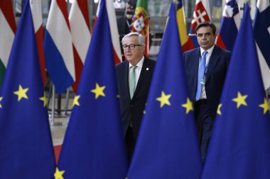 Brüksel, Belçika. 28 Mayıs 2019. Avrupa Komisyonu Başkanı Jean-Claude Juncker, Avrupa Birliği (Ab) zirvesi için Avrupa Birliği Genel Merkezi'ne geldi.