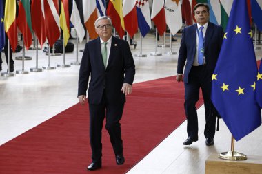 Brüksel, Belçika. 28 Mayıs 2019. Avrupa Komisyonu Başkanı Jean-Claude Juncker, Avrupa Birliği (Ab) zirvesi için Avrupa Birliği Genel Merkezi'ne geldi.