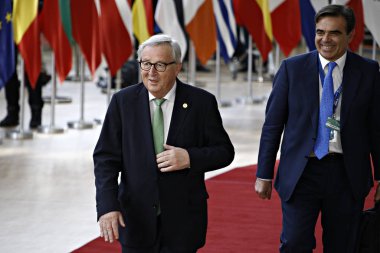 Brüksel, Belçika. 28 Mayıs 2019. Avrupa Komisyonu Başkanı Jean-Claude Juncker, Avrupa Birliği (Ab) zirvesi için Avrupa Birliği Genel Merkezi'ne geldi.
